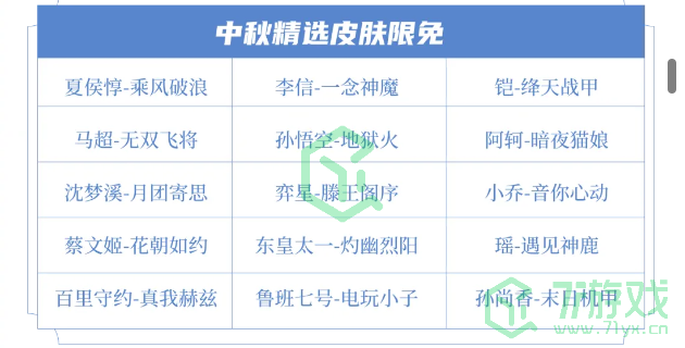 《王者荣耀》2024年中秋节限免皮肤介绍